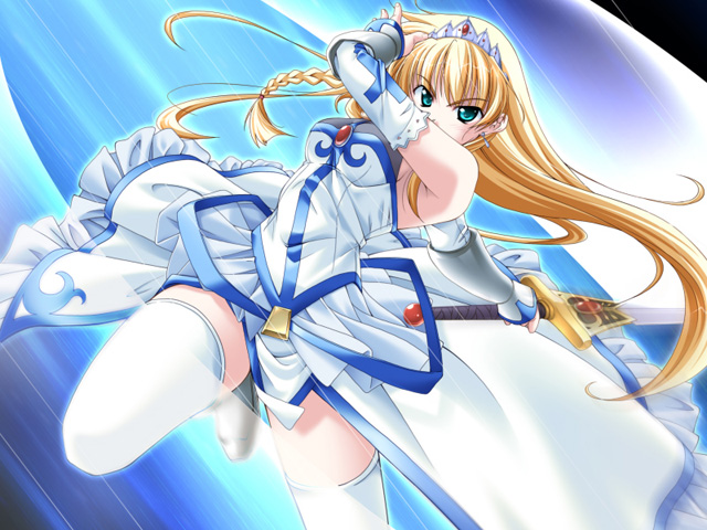 takeya masami, iris (princess waltz), princess waltz, aqua eyes, armor, armpits, blonde hair, crown, earrings, jewelry, long hair, solo, sword, thighhighs, very long hair, weapon