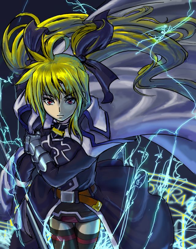 magure, magure (artist), bardiche (nanoha), fate testarossa, fate testarossa (impulse form), lyrical nanoha, mahou shoujo lyrical nanoha, mahou shoujo lyrical nanoha strikers, 00s, belt, blonde hair, cape, gauntlets, lightning, magic circle, red eyes, ribbon, solo, thighhighs, twintails