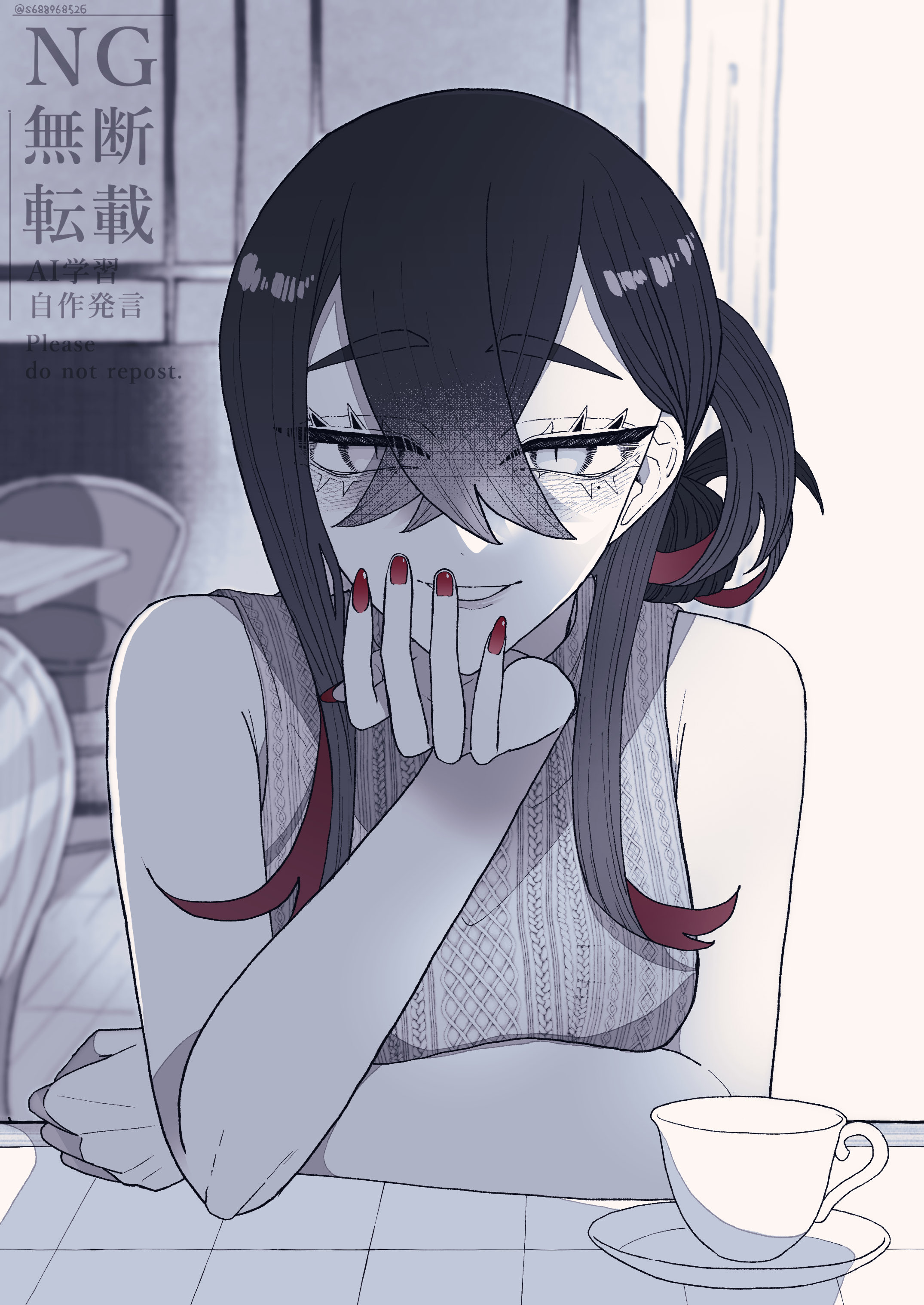 ssandesu, carmine (pokemon), nintendo, pokemon, pokemon sv, absurdres, highres, 1girl, alternate costume, alternate hairstyle, bare shoulders, crossed bangs, cup, eyelashes, hair between eyes, indoors, looking at viewer, multicolored hair, plate, red hair, red nails, sleeveless, smile, solo, spot color, teacup, two-tone hair, upper body