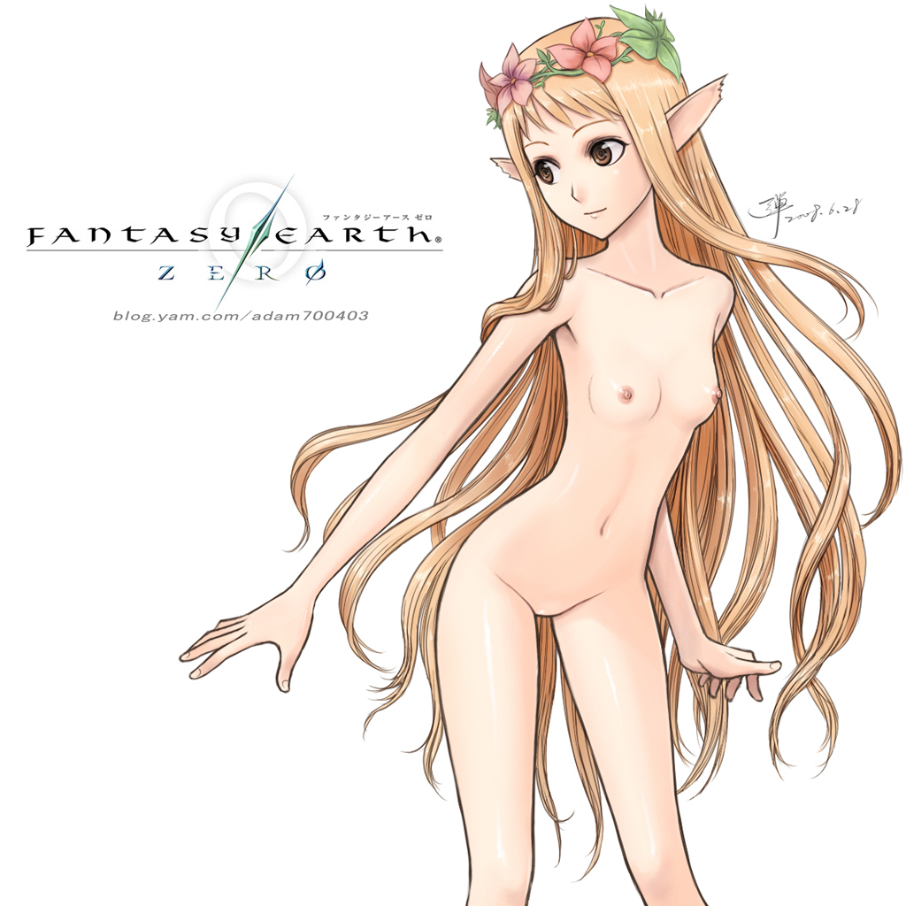 dan (kumadan), tifalis, fantasy earth zero, 1girl, blonde hair, brown eyes, elf, female focus, flat chest, flower, hair flower, hair ornament, long hair, nipples, nude, pointy ears, solo, very long hair