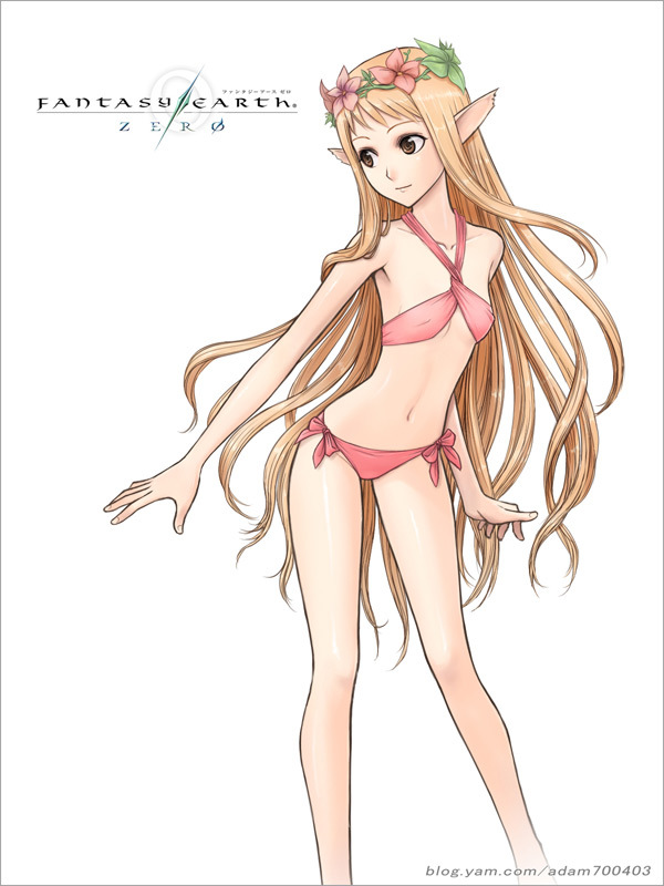 dan (kumadan), tifalis, fantasy earth zero, 1girl, bikini, blonde hair, brown eyes, elf, female focus, flat chest, flower, hair flower, hair ornament, legs, long hair, pink bikini, pointy ears, solo, swimsuit, very long hair