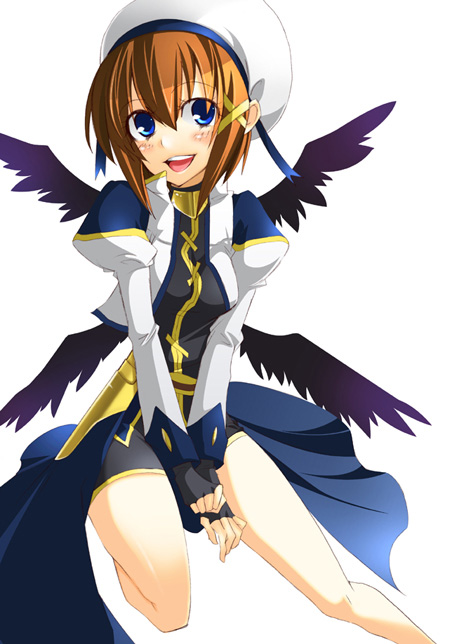 kuro (oden no sono), kuro (pixiv397257), yagami hayate, lyrical nanoha, mahou shoujo lyrical nanoha, mahou shoujo lyrical nanoha strikers, bad id, bad pixiv id, 00s, 1girl, beret, blue eyes, brown hair, female focus, fingerless gloves, gloves, hair ornament, hat, smile, solo, wings, x hair ornament