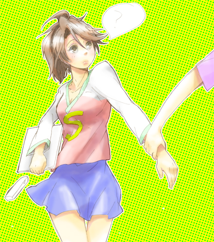 hakushoku, lisa kujo, sumeragi lee noriega, gundam, gundam 00, bad id, bad pixiv id, lowres, 00s, 1girl, ?, brown eyes, brown hair, holding another's wrist, ponytail, skirt, solo focus