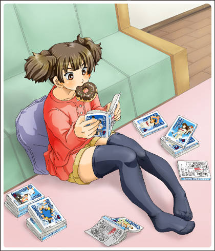 suzuki jun, k-on!, 1girl, black thighhighs, book, brown eyes, brown hair, collarbone, couch, donut, female focus, food, full body, holding, indoors, living room, long sleeves, manga (object), no shoes, pillow, reading, rug, short hair, shorts, sitting, solo, thighhighs