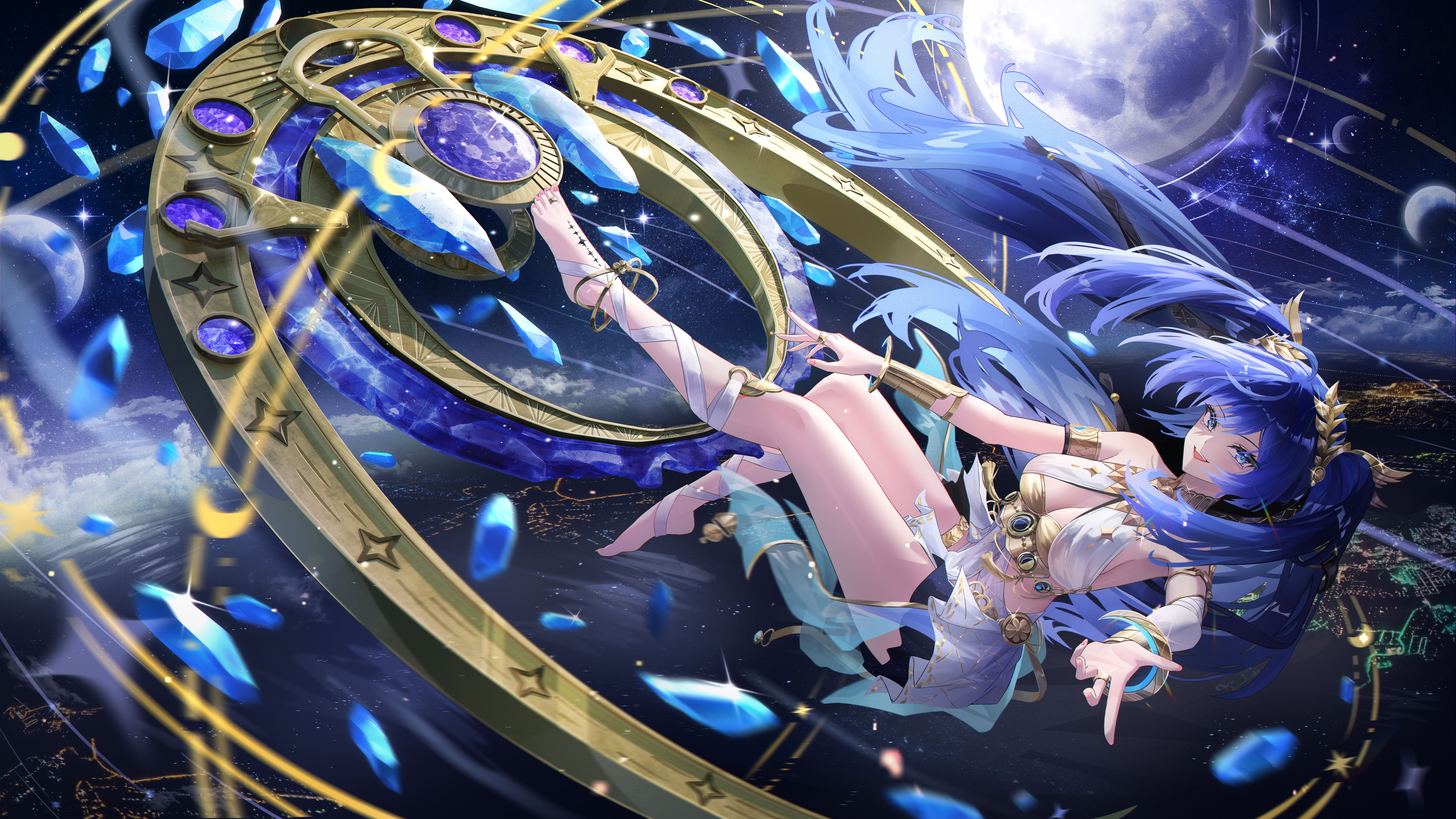 dahai zhijian, iuno (wuthering waves), wuthering waves, absurdres, commentary request, highres, 1girl, ancient greek clothes, armlet, bare shoulders, barefoot, black skirt, blue eyes, blue hair, breasts, cleavage, full body, full moon, gold bra, greco-roman clothes, jewelry, laurel crown, leg wrap, long hair, looking at viewer, medium breasts, moon, skirt, smile, solo, tacet mark (wuthering waves), thighs, toe ring, twintails, vambraces