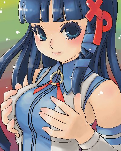 sugimoto yoshiaki, xp-tan, os-tan, lowres, 1girl, black hair, breasts, female focus, grabbing another's breast, groping, large breasts, long hair, solo