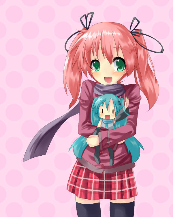 ohtsuki ichiru, ootsuki ichiru, chibi miku, hatsune miku, sakura koiro, original, vocaloid, plaid, bad id, bad pixiv id, 2girls, :d, blush, chibi, green eyes, multiple girls, open mouth, red hair, scarf, skirt, smile, thighhighs, twintails, waving, zettai ryouiki, | |