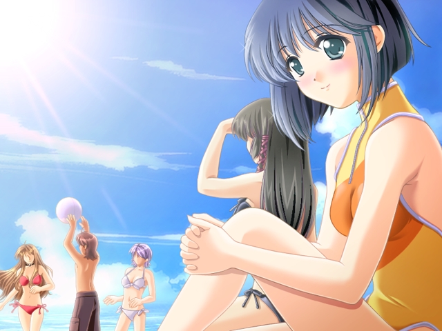 vogue, kanade (purple software), game cg, non-web source, source request, 4girls, ball, beach, beachball, bikini, black hair, blue eyes, blue hair, blush, brown hair, cloud, day, faceless, green eyes, hair ribbon, hugging own legs, long hair, multiple girls, one-piece swimsuit, outdoors, own hands clasped, own hands together, purple hair, ribbon, shading eyes, short hair, side-tie bikini bottom, sitting, sky, smile, sun, swimsuit, water