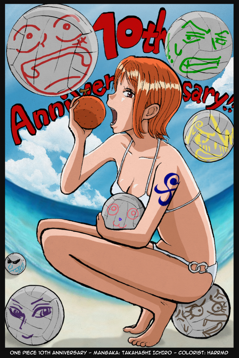 takahashi ichirou, brook (one piece), franky (one piece), monkey d. luffy, nami (one piece), nico robin, roronoa zoro, sanji (one piece), tony tony chopper, usopp, one piece, colorized, highres, third-party edit, 1girl, anniversary, ball, barefoot, beach, bikini, blue sky, breasts, cleavage, day, eating, female focus, food, fruit, ocean, orange hair, sitting, sky, solo, swimsuit, tattoo, water