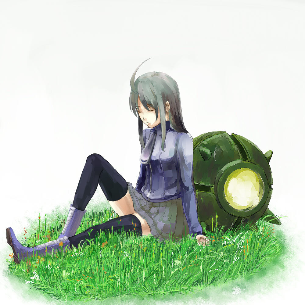tori (pixiv13887), toritori, suguri (orange juice), 100% orange juice, suguri, 1girl, ahoge, boots, closed eyes, female focus, flower, grass, grey hair, jacket, sitting, skirt, solo, thighhighs, zettai ryouiki