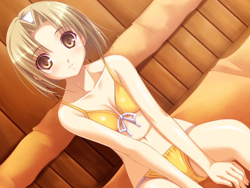 nemigi tsukasa, morita nao, yumemishi, game cg, non-web source, 1girl, bikini, blush, breasts, breasts squeezed together, brown eyes, brown hair, dutch angle, female focus, hairband, sauna, solo, sweat, swimsuit, yellow bikini