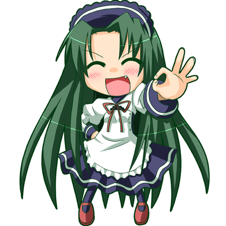 minami (colorful palette), tsuruya, suzumiya haruhi no yuuutsu, lowres, 00s, 1girl, chibi, fang, female focus, green hair, hand on own hip, long hair, maid, ok sign, pantyhose, solo, very long hair