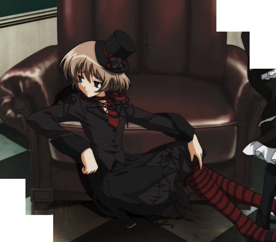 wakatsuki shuri, myself yourself, anime screenshot, stitched, third-party edit, 00s, 1girl, belt, black dress, brown hair, dress, female focus, frills, goth fashion, hat, indoors, lace, necktie, ribbon, short hair, skirt, socks, solo, striped clothes, striped socks