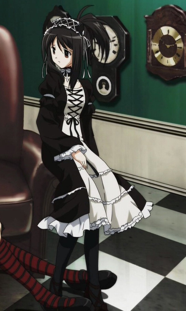 hoshino asami, myself yourself, anime screenshot, stitched, third-party edit, 00s, 1girl, black dress, black hair, dress, female focus, frilled skirt, frills, goth fashion, gothic lolita, indoors, lolita fashion, long skirt, pantyhose, ribbon, skirt, solo