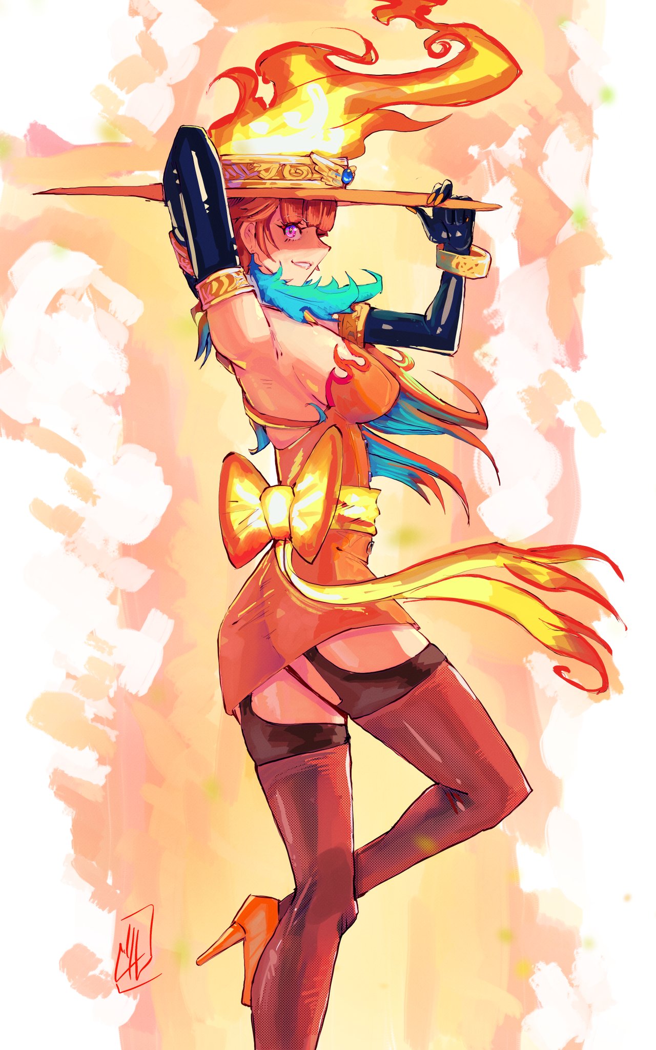 boutsoftheblind, takanashi kiara, hololive, hololive english, holomyth, highres, earrings, feather earrings, feathers, fire ribbon, gluteal fold, hat, high heels, jewelry, orange hair, red thighhighs, smug, thigh strap, thighhighs, virtual youtuber, witch hat