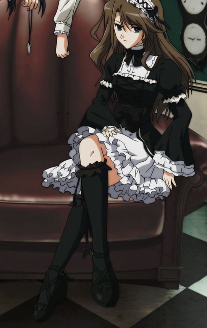 fujimura yuzuki, myself yourself, anime screenshot, stitched, third-party edit, 00s, 1girl, belt, black dress, bow, brown hair, dress, female focus, frilled skirt, frills, goth fashion, gothic lolita, green eyes, kneehighs, lace, lolita fashion, long hair, long legs, long sleeves, skirt, socks, solo
