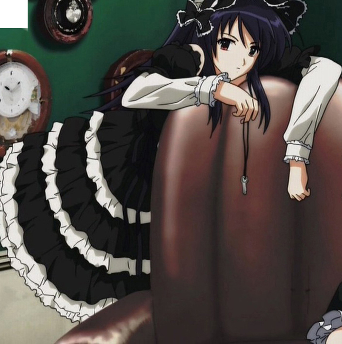 yatsushiro nanaka, myself yourself, anime screenshot, stitched, third-party edit, 00s, 1girl, black dress, bow, dress, female focus, frills, goth fashion, gothic lolita, hair bow, indoors, lace, lolita fashion, long hair, long skirt, purple hair, ribbon, skirt, solo