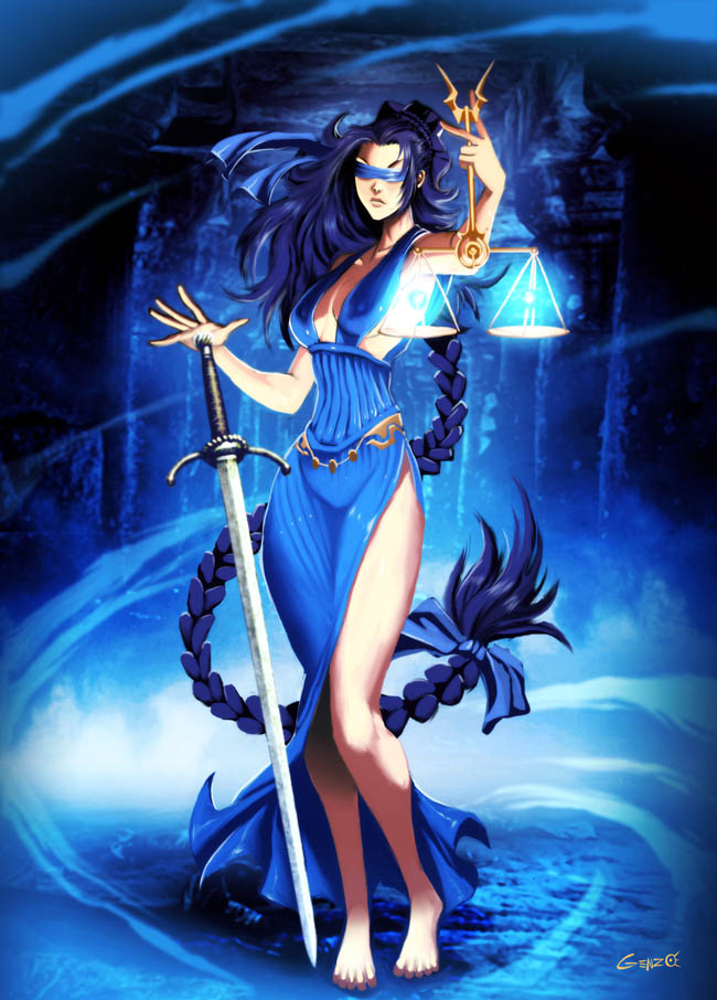 genzoman, justice, justitia (mythology), themis (mythology), 1girl, barefoot, blindfold, blue bow, blue dress, blue hair, bow, braid, breasts, cleavage, dress, female focus, full body, hair bow, large breasts, legs, lips, long hair, medium breasts, no bra, personification, scales, side slit, single braid, solo, standing, sword, very long hair, weapon, weighing scale