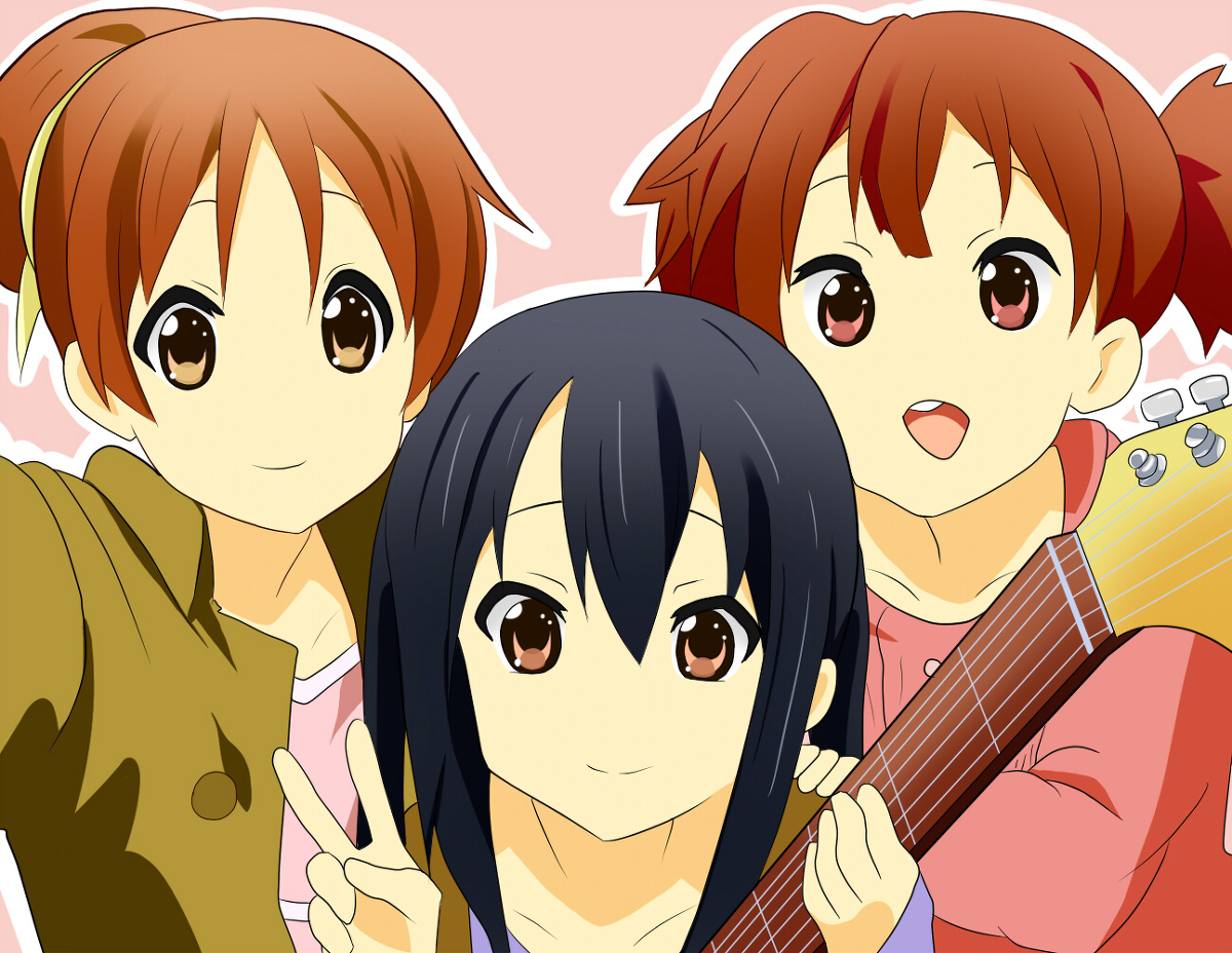 hirasawa ui, nakano azusa, suzuki jun, k-on!, 3girls, black hair, brown hair, closed mouth, collarbone, dot nose, feet out of frame, female focus, guitar, hair between eyes, instrument, long hair, long sleeves, looking at viewer, multiple girls, open clothes, pink background, simple background, smile, standing, teeth, twintails, v