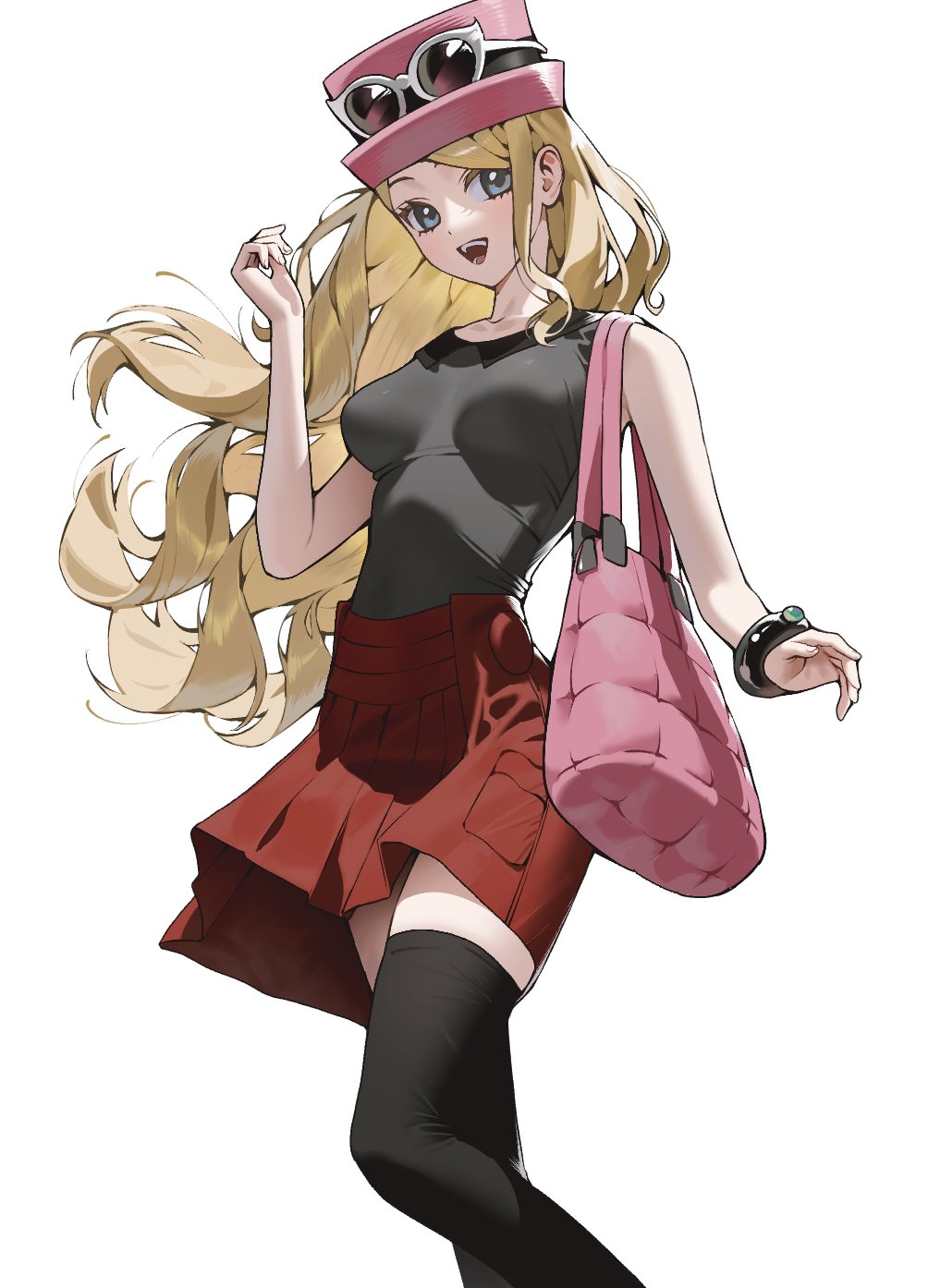 987645321o, serena (pokemon), nintendo, pokemon, pokemon xy, highres, 1girl, :d, bag, black tank top, black thighhighs, blonde hair, blue eyes, breasts, eyewear on headwear, floating hair, hand up, handbag, hat, long hair, medium breasts, miniskirt, open mouth, pink hat, red skirt, shirt, simple background, skirt, smile, solo, sunglasses, tank top, taut clothes, taut shirt, thighhighs, very long hair, white background, zettai ryouiki