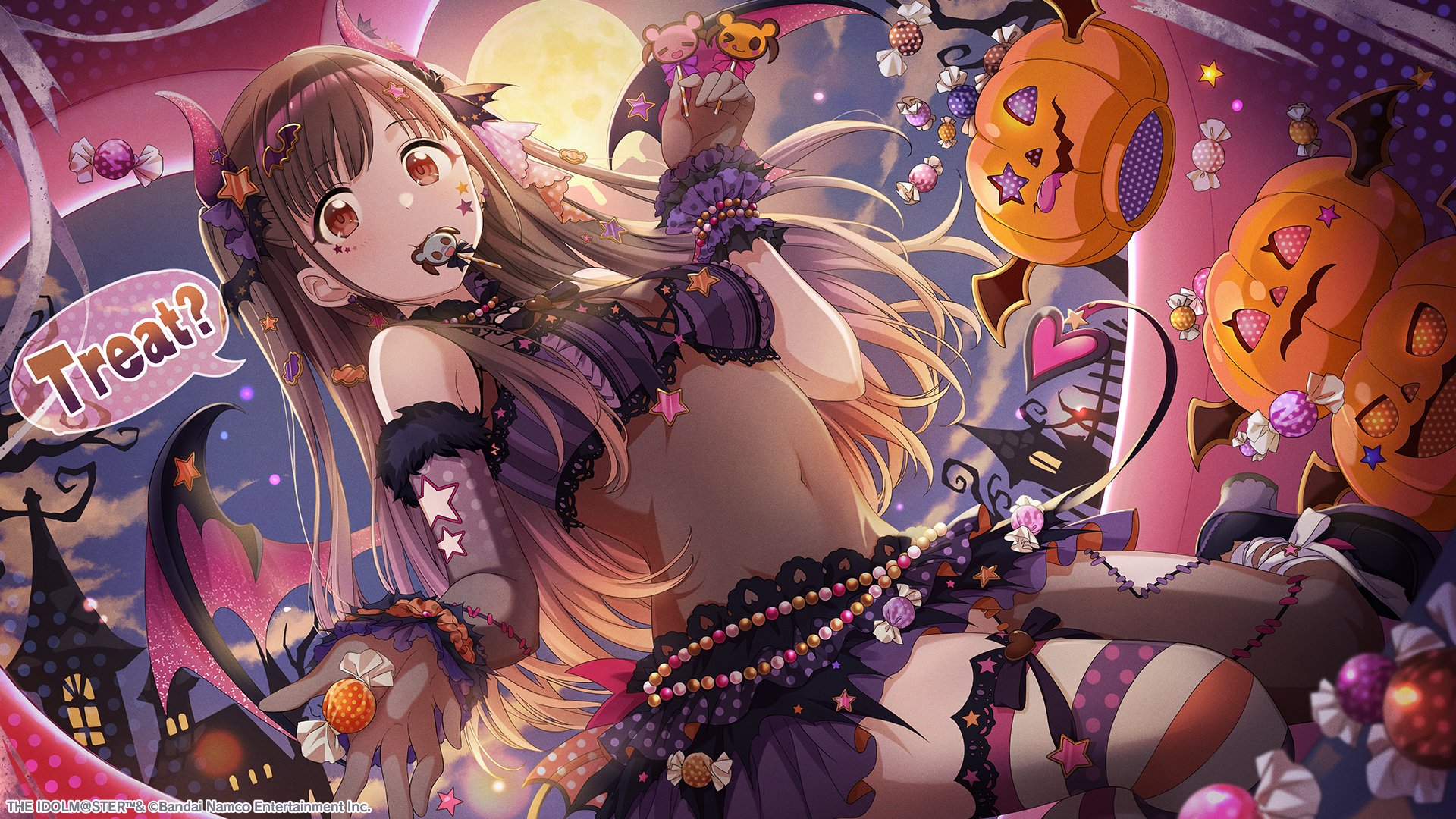 sonoda chiyoko, idolmaster, idolmaster shiny colors, idolmaster shiny colors song for prism, artist request, highres, official art, 1girl, bare shoulders, black gloves, brown eyes, brown hair, candy, demon horns, demon tail, demon wings, detached sleeves, dutch angle, fake horns, food, gloves, hair down, halloween, halloween costume, horns, jack-o'-lantern, long hair, looking at viewer, miniskirt, mismatched thighhighs, navel, official alternate costume, pumpkin, see-through clothes, see-through gloves, single sleeve, skirt, solo, swept bangs, tail, thighhighs, trick or treat, wings, wrist cuffs
