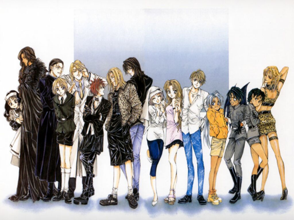 yuki kaori, arachne (angel sanctuary), boyz, doll (angel sanctuary), doll (character), katou yue, kira sakuya, kurai, michael (angel sanctuary), michael (character), moonlil, mudou sara, mudou setsuna, noyz, raphael (angel sanctuary), raphael (tmnt), raziel, uriel, zaphikel, angel sanctuary, annotation request, official art, official wallpaper, scan, 6+boys, 6+girls, :d, ^ ^, adjusting hair, angry, animal print, arachne, arm hug, arthropod girl, back, bat wings, belt, black hair, blonde hair, boots, brothers, capri pants, choker, closed eyes, coat, crop top, cross, crossed arms, denim, dress, everyone, facial mark, forehead mark, formal clothes, frilled thigh strap, glasses, hands in pocket, hands in pockets, holding hands, hood, hoodie, insect girl, jeans, jewelry, knee boots, kneehighs, leopard print, lineup, long hair, looking back, maid, maid headdress, monster girl, multiple boys, multiple girls, necklace, necktie, open mouth, pants, pointy ears, ponytail, red hair, sandals, shoes, short hair, shorts, siblings, skirt, smile, sneakers, socks, spider girl, spiked hair, suit, tank top, taur, thigh strap, trench coat, twins, white hair, wings