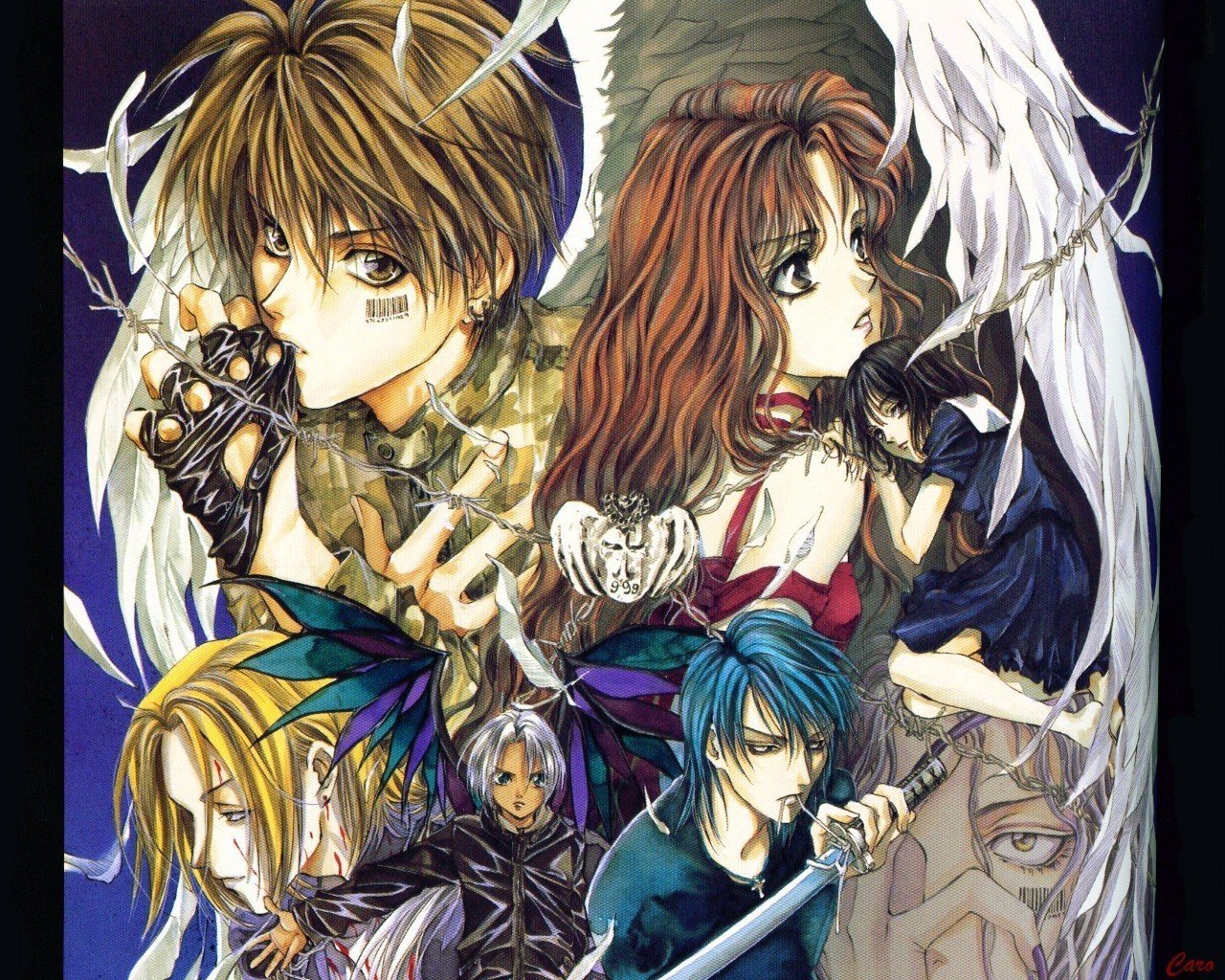 rosiel, yuki kaori, katou yue, kira sakuya, kurai, mudou sara, mudou setsuna, saiki ruri, angel sanctuary, silver hair, 2girls, 5boys, angel, angel wings, barbed wire, barcode, barcode tattoo, black eyes, black gloves, black hair, blonde hair, blood, blue hair, brown hair, cross, dark skin, demon, demon wings, earrings, fingerless gloves, fingernails, gloves, hand on own face, jewelry, katana, long hair, mouth hold, multiple boys, multiple girls, necklace, parted lips, ponytail, school uniform, serafuku, short hair, single glove, sword, tattoo, wavy hair, weapon, wings, yellow eyes