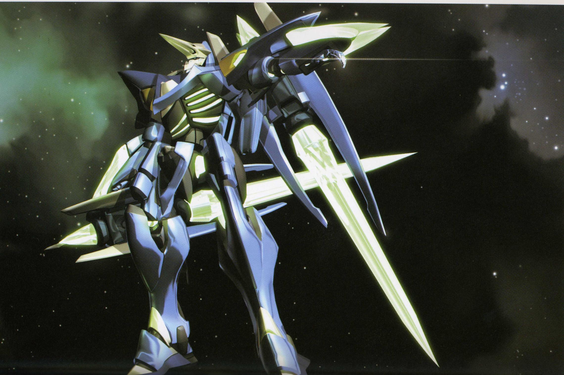 vandread dita, vandread, highres, scan, scan artifacts, 00s, glowing, holding, holding sword, holding weapon, mecha, no humans, robot, sky, star (sky), starry sky, sword, weapon