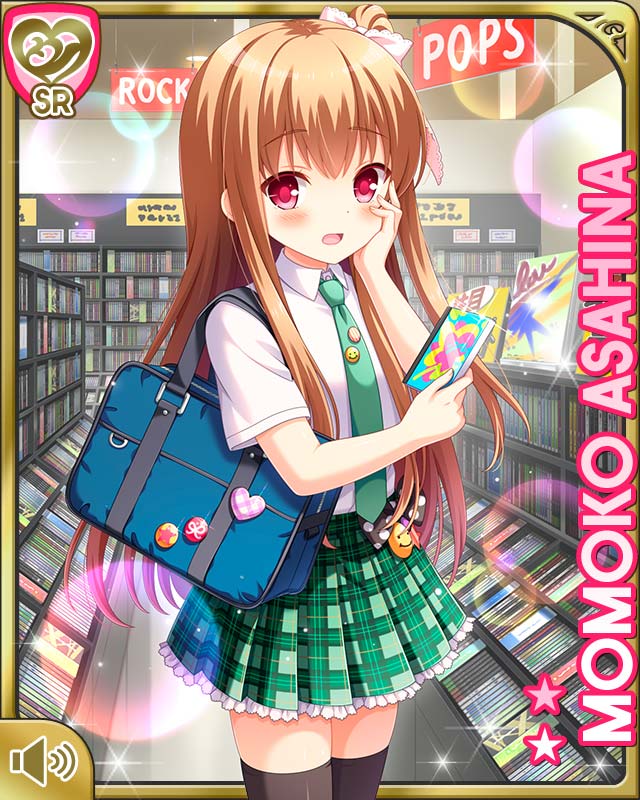 qp:flapper, asahina momoko, girlfriend (kari), official art, tagme, 1girl, :o, black thighhighs, brown hair, card (medium), character name, day, green necktie, green skirt, hand on own face, indoors, long hair, necktie, one side up, open mouth, plaid clothes, plaid skirt, red eyes, ribbon, school uniform, shirt, skirt, solo, thighhighs, white shirt