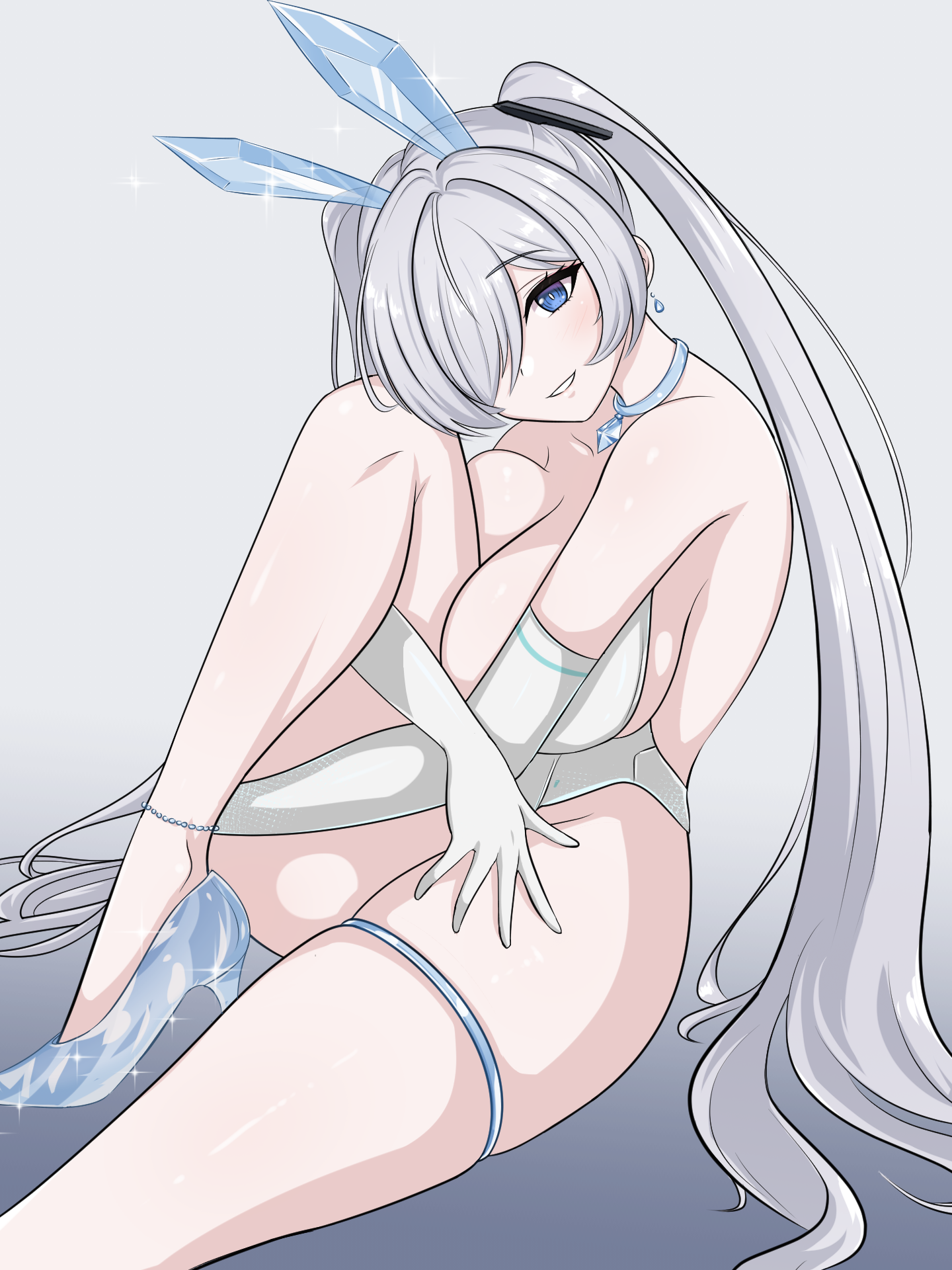 by (wawa), cinderella (glass princess) (nikke), cinderella (nikke), goddess of victory: nikke, crystal necklace, commentary request, highres, 1girl, :d, animal ears, bare shoulders, blue eyes, breasts, cleavage, collarbone, crystal, crystal earrings, earrings, elbow gloves, fake animal ears, glass heels, gloves, gradient background, grey background, grey hair, hair over one eye, head tilt, high heels, hugging own leg, jewelry, large breasts, legs, leotard, long bangs, long hair, looking at viewer, open mouth, parted bangs, parted lips, playboy bunny, simple background, sitting, smile, solo, sparkle, strapless, strapless leotard, thigh strap, twintails, very long hair, white gloves, white hair, white leotard