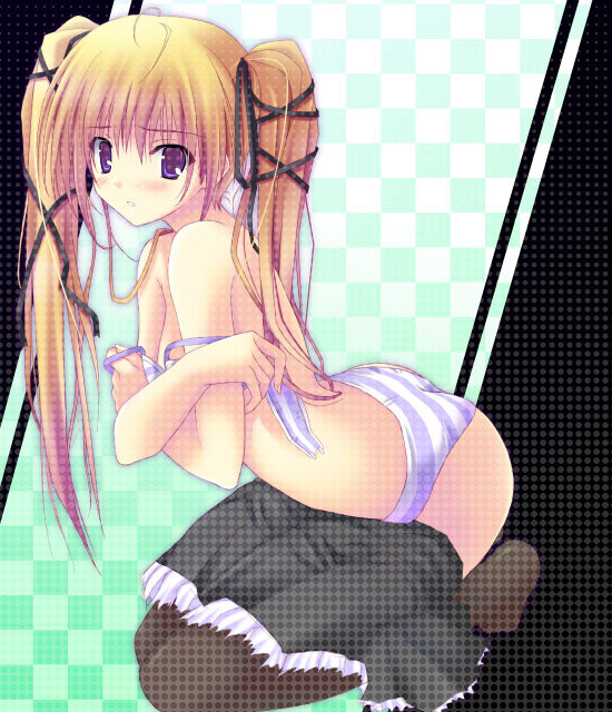 achikun, 1girl, ass, black skirt, blonde hair, blue eyes, blush, bra, brown thighhighs, checkered background, clothes pull, embarrassed, female focus, green background, hair ribbon, kneeling, lingerie, long hair, looking at viewer, panties, parted lips, ribbon, skirt, skirt pull, solo, striped bra, striped clothes, striped panties, teeth, thighhighs, twintails, underwear, undressing, white bra, white panties