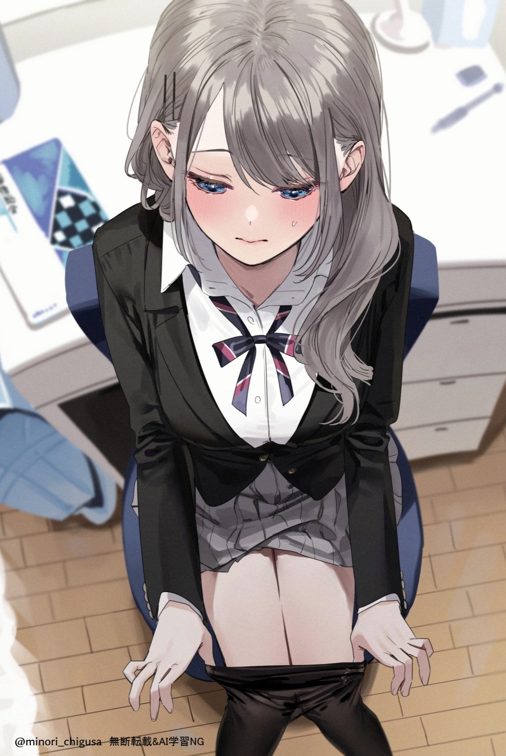 chigusa minori, saotome shino (shino to ren), shino to ren, commentary request, highres, 1girl, black jacket, black pantyhose, clothes pull, desk, fisheye, grey hair, grey skirt, hair ornament, hairclip, jacket, long sleeves, neck ribbon, pantyhose, pantyhose pull, parallel hairclips, removing legwear, ribbon, school uniform, shirt, sitting, skirt, solo, white shirt