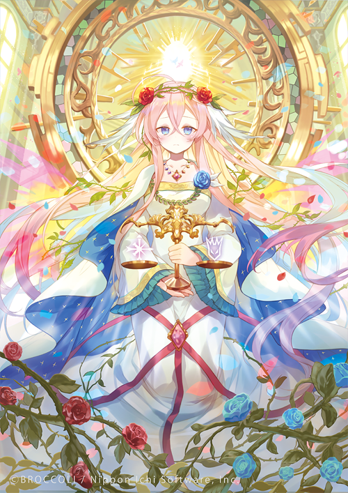 ibara riato, michael (z/x), z/x, official art, 1girl, ahoge, angel, angel wings, balance scale, blue eyes, blue flower, blue hair, blue petals, blue rose, closed mouth, copyright notice, crown of thorns, dress, flower, gradient hair, hair between eyes, hair flower, hair ornament, head wings, holding scale, jewelry, long hair, looking at viewer, multicolored hair, necklace, pink hair, red flower, red petals, red rose, rose, thorns, very long hair, weighing scale, white dress, wing ears, wings