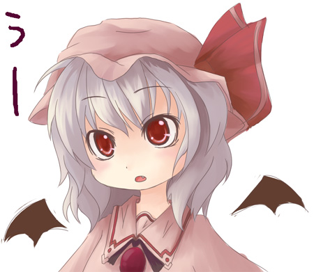 tamute (2580rs), remilia scarlet, touhou, lowres, 1girl, blue hair, female focus, hat, red eyes, simple background, solo, upper body, vampire, white background, wings
