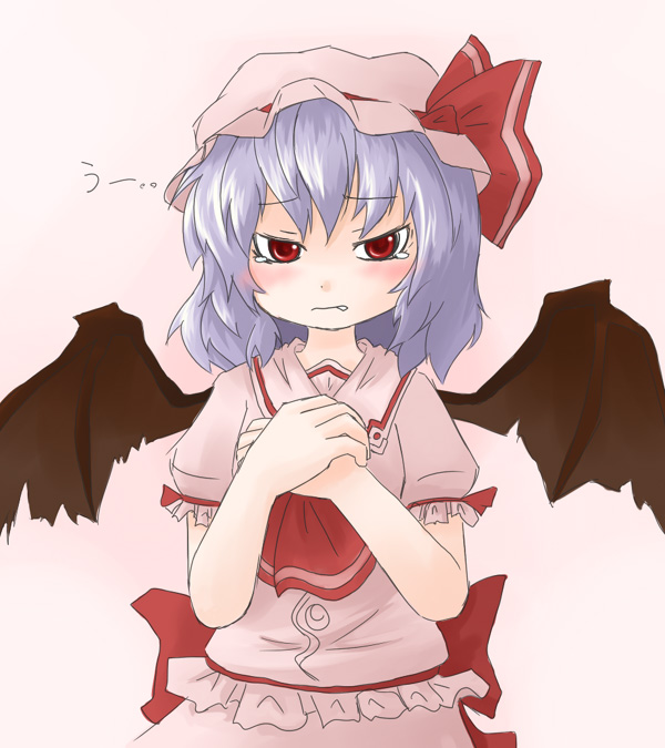 tamute (2580rs), remilia scarlet, touhou, 1girl, blue hair, female focus, gradient background, hat, red eyes, skirt, solo, vampire, wings