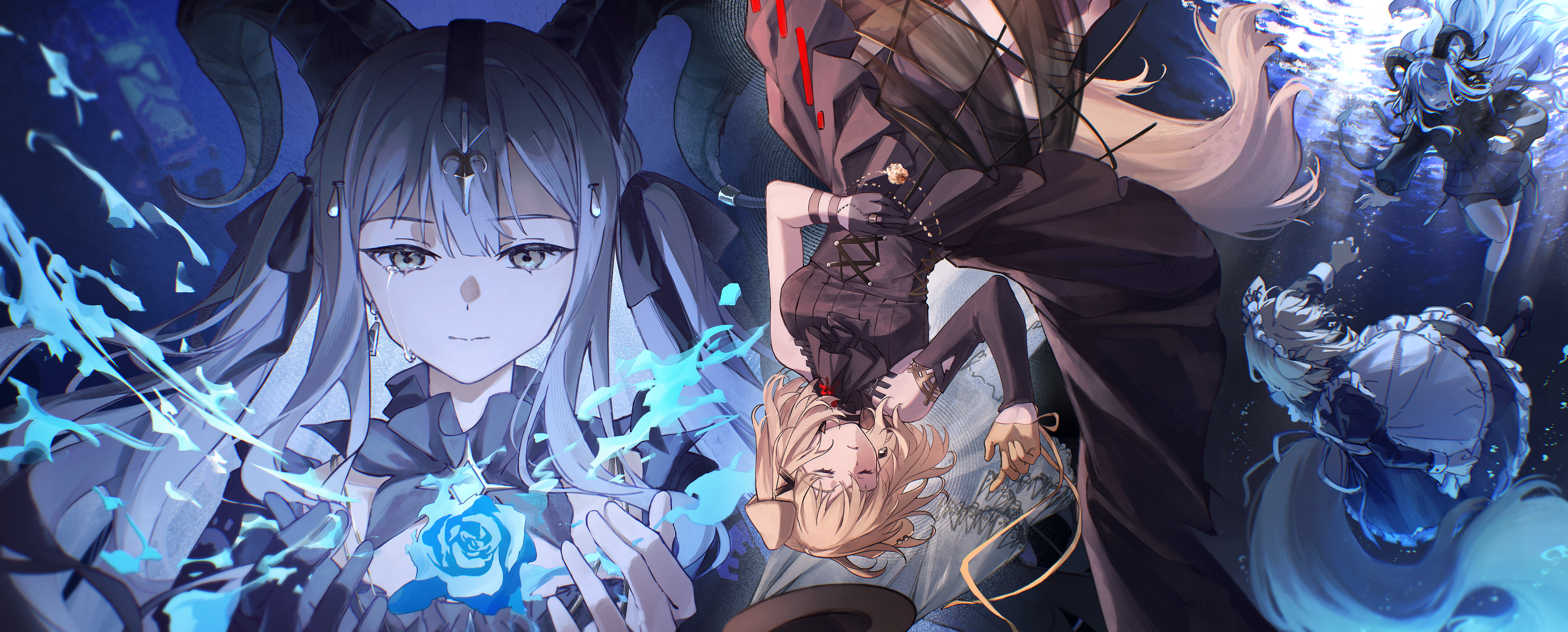 muonrei00, misumi uika, misumi uika (caged singer), togawa sakiko, togawa sakiko (master of melodia), arknights, bang dream!, bang dream! it's mygo!!!!!, absurdres, chinese commentary, commentary request, highres, 2girls, animal ears, asymmetrical gloves, black dress, black jacket, black ribbon, black shorts, blonde hair, blue flower, blue hair, blue rose, breasts, closed eyes, crying, crying with eyes open, detached sleeves, dog ears, dog girl, dog tail, dress, earrings, flower, gloves, hair ribbon, horns, jacket, jewelry, long hair, maid, maid headdress, medium breasts, medium hair, mismatched gloves, multiple girls, parted lips, ribbon, rose, shorts, sidelocks, tail, tears, underwater, yellow eyes