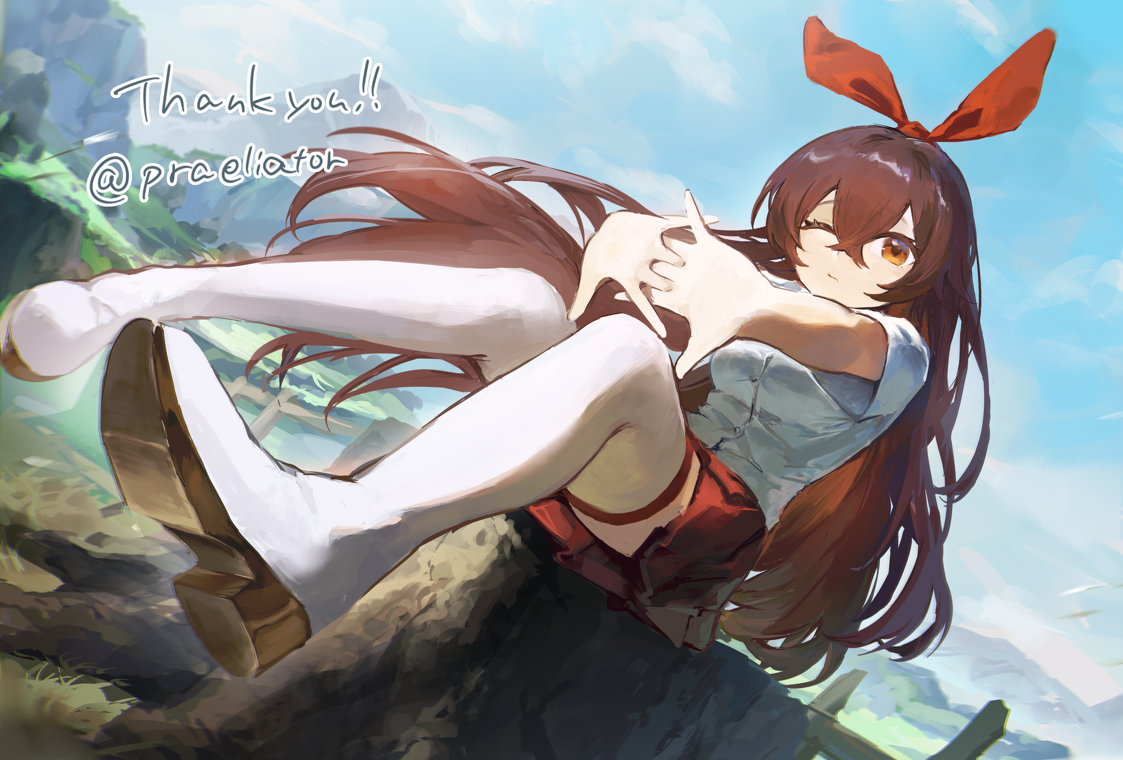 robizou (robizou285), amber (genshin impact), genshin impact, absurdres, commentary request, commission, highres, pixiv commission, 1girl, blue sky, boots, brown hair, english text, long hair, looking at viewer, mountain, on tree stump, one eye closed, orange eyes, outdoors, red skirt, shirt, short sleeves, sitting, skirt, sky, solo, stretching, thigh boots, tree stump, white boots, white shirt