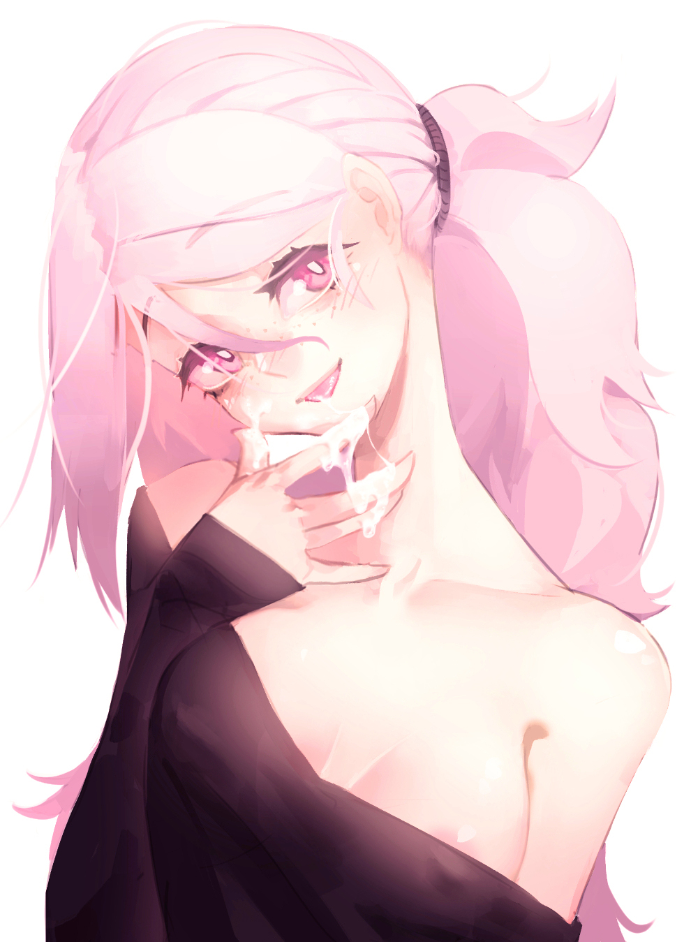 tostantan, original, commentary, english commentary, highres, 1girl, areola slip, bare shoulders, black shirt, blush, breasts, collarbone, covered erect nipples, cum, cum on body, cum on fingers, facial, freckles, hair between eyes, hair tie, head tilt, long hair, long sleeves, off-shoulder shirt, off shoulder, pink eyes, pink hair, shiny skin, shirt, simple background, sleeves past wrists, smile, solo, tongue, tongue out, white background