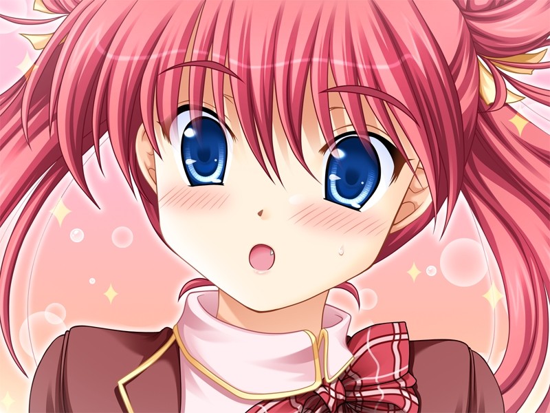 ninoko, sakuragi mika, furufuru full moon, game cg, non-web source, 1girl, blue eyes, blush, close-up, fang, female focus, long hair, pink background, pink hair, red hair, solo, surprised, twintails