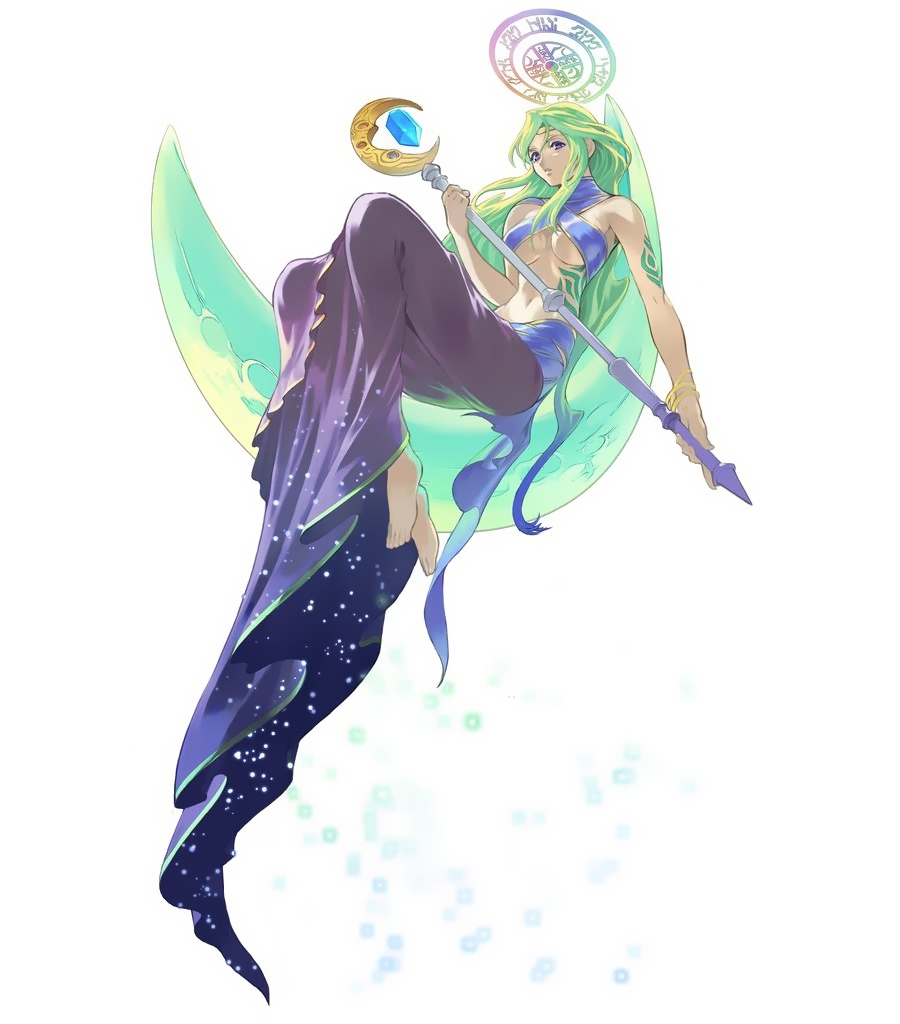 luna (tos), tales of (series), tales of symphonia, official art, 00s, 1girl, barefoot, bracelet, breasts, dress, female focus, gradient hair, green hair, halo, jewelry, large breasts, long hair, medium breasts, midriff, moon, multicolored hair, no bra, simple background, skirt, solo, staff, tattoo, underboob, very long hair, white background
