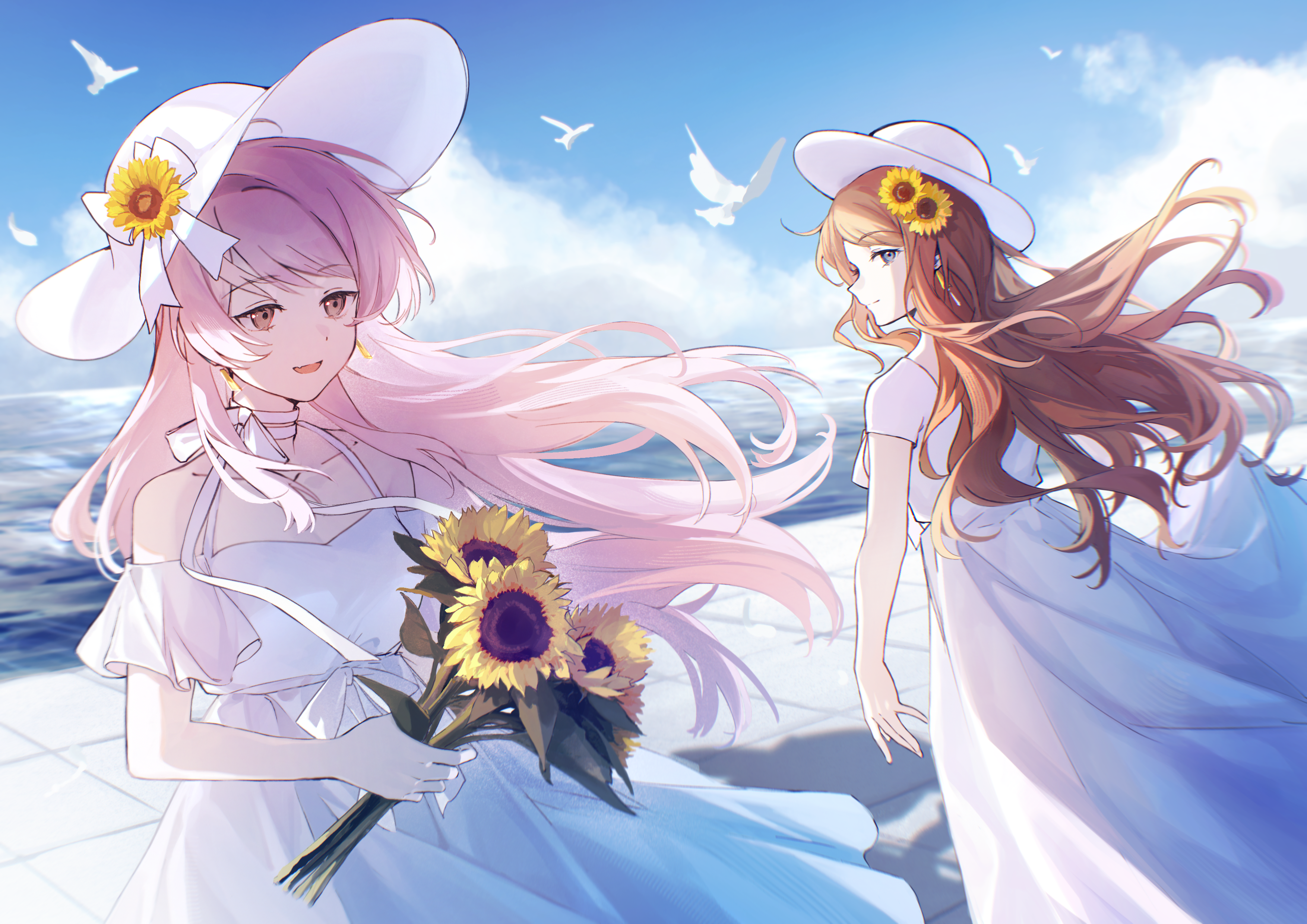 muonrei00, chihaya anon, nagasaki soyo, bang dream!, bang dream! it's mygo!!!!!, absurdres, commentary request, highres, 2girls, bird, brown hair, dress, earrings, fang, floating hair, flower, grey eyes, hair flower, hair ornament, hat, holding, holding weapon, jewelry, long hair, multiple girls, off-shoulder dress, off shoulder, open mouth, pink hair, short hair, sidelocks, skin fang, sun hat, sunflower, weapon, white hat