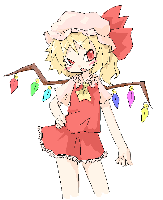 tamute (2580rs), flandre scarlet, touhou, 1girl, blonde hair, blouse, collared shirt, female focus, hand on own hip, hat, head tilt, mob cap, red eyes, shirt, simple background, solo, standing, vampire, white background, white hat, white shirt, wings