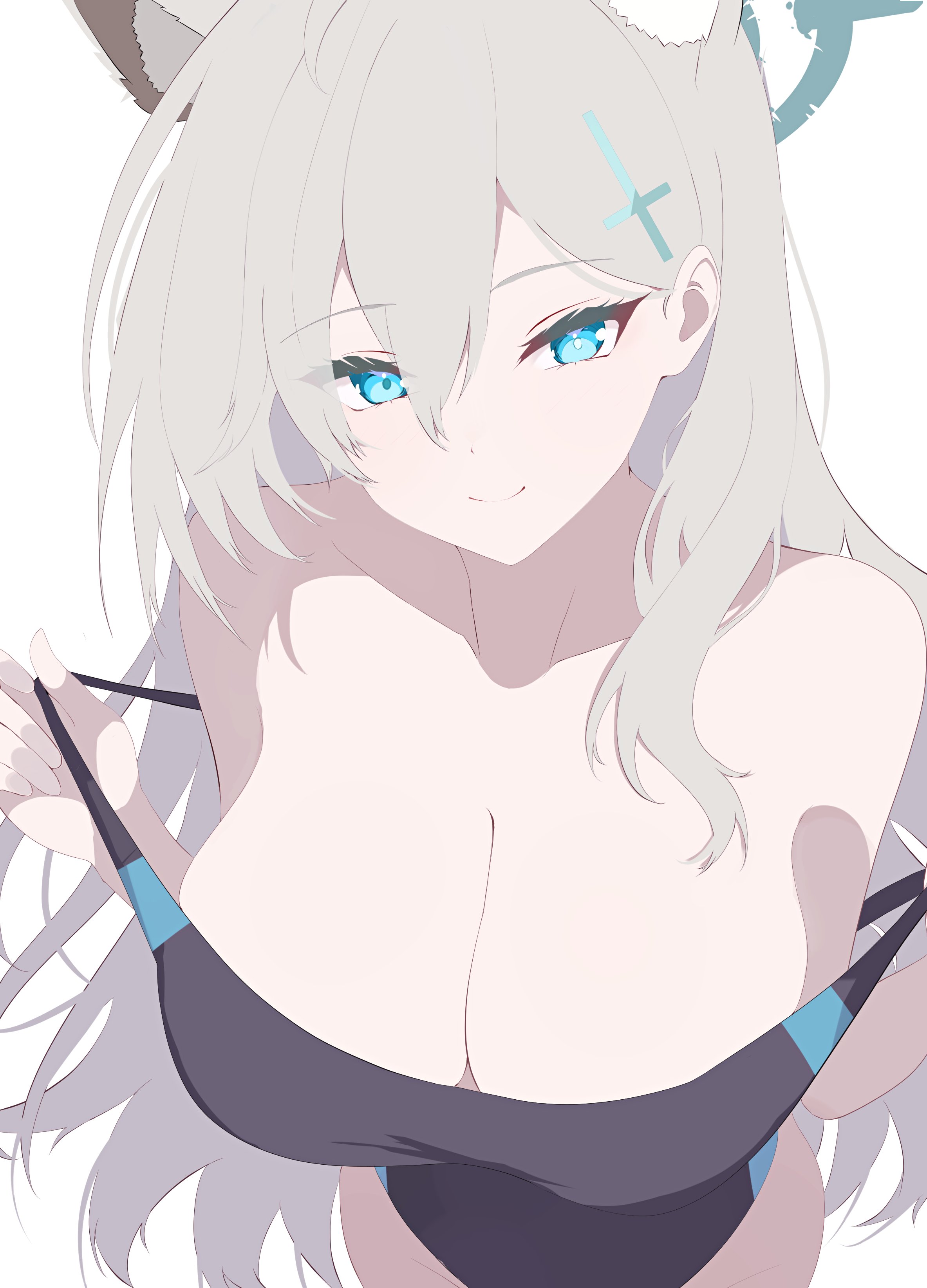 natsuki (natsu 1936), shiroko (blue archive), shiroko (swimsuit) (blue archive), shiroko terror (blue archive), blue archive, absurdres, highres, 1girl, ahoge, animal ear fluff, animal ears, black halo, black one-piece swimsuit, blue eyes, blush, breasts, broken halo, cleavage, competition swimsuit, cosplay, cross, cross hair ornament, extra ears, grey hair, hair ornament, halo, inverted cross, large breasts, long hair, looking at viewer, mismatched pupils, multicolored swimsuit, official alternate costume, one-piece swimsuit, self cosplay, shiroko (blue archive) (cosplay), solo, swimsuit, two-tone swimsuit, wolf ears, wolf girl