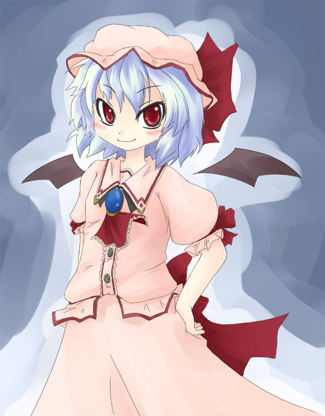 tamute (2580rs), remilia scarlet, touhou, 1girl, blue hair, female focus, hat, red eyes, skirt, solo, vampire, wings