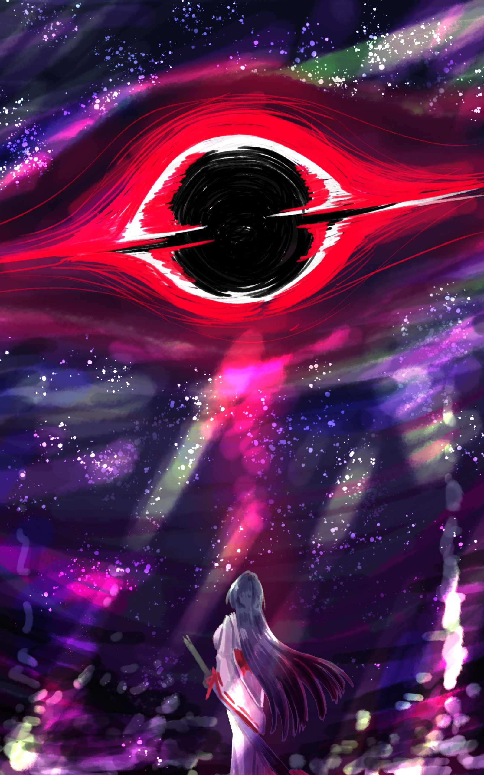 eun (shiroisthewhite), acheron (honkai: star rail), acheron (izumo) (honkai: star rail), honkai: star rail, honkai (series), absurdres, highres, 1girl, black hole, from behind, gradient background, holding, holding weapon, japanese clothes, kimono, long hair, purple hair, star (sky), very long hair, weapon, white kimono