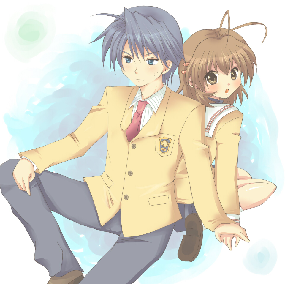 imo mushi, furukawa nagisa, okazaki tomoya, clannad, 00s, antenna hair, back-to-back, blue eyes, blue hair, brown eyes, brown hair, holding hands, school uniform, short hair, surprised