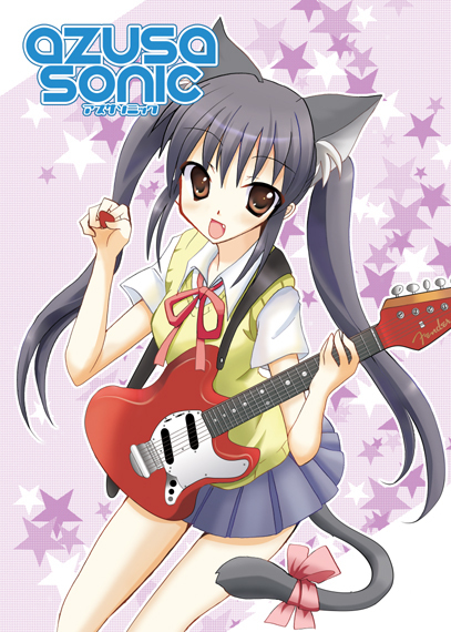 nakano azusa, k-on!, 1girl, animal ears, cat ears, cat tail, character name, dot nose, english text, fake animal ears, fake tail, fang, feet out of frame, female focus, guitar, hair between eyes, holding, holding guitar, holding instrument, instrument, japanese text, long hair, looking at viewer, open mouth, plectrum, ribbon, sakuragaoka high school uniform, school uniform, shirt, short sleeves, skirt, solo, star (symbol), sweater vest, tail, twintails, white shirt, yellow sweater vest