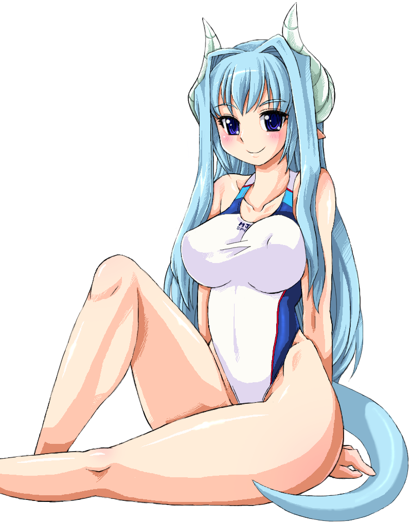 nanashi mushi, original, 1girl, blue eyes, blue hair, blush, breasts, competition swimsuit, female focus, horns, large breasts, legs, long hair, matching hair/eyes, one-piece swimsuit, pointy ears, sitting, smile, solo, swimsuit, tail, thick thighs, thighs, very long hair