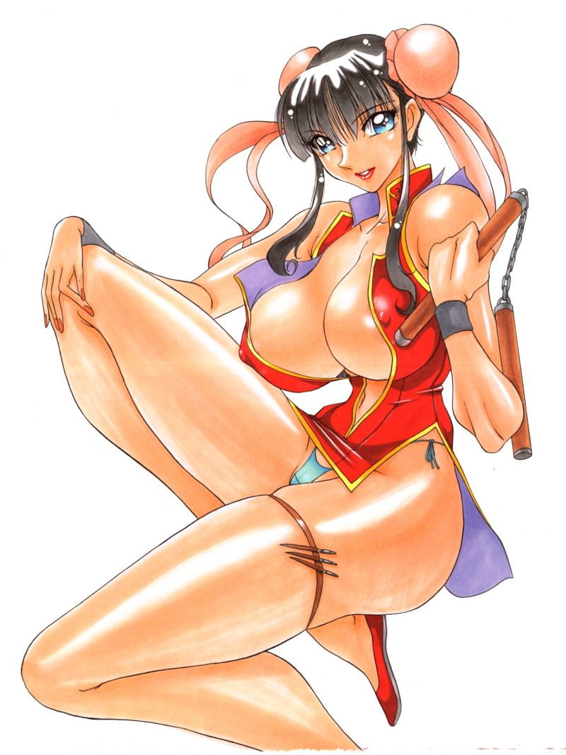 azuki kurenai, 1girl, black hair, blue eyes, blue panties, breasts, bun cover, china dress, chinese clothes, cleavage, covered erect nipples, double bun, dress, female focus, g-string, hair bun, huge breasts, large breasts, leg up, legs, lipstick, long legs, makeup, navel, no bra, nunchaku, nunchucks, open clothes, open dress, panties, shoes, short dress, side-tie panties, smile, solo, thigh strap, thong, underwear, weapon