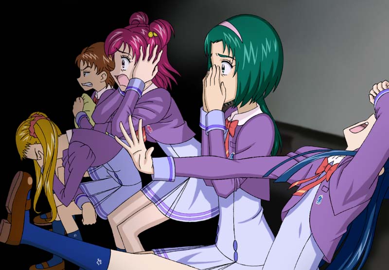 natsuhina, akimoto komachi, kasugano urara (yes! precure 5), minazuki karen, natsuki rin, yumehara nozomi, precure, yes! precure 5, 5girls, blonde hair, blue hair, brown hair, covering own eyes, covering own mouth, facepalm, gaijin 4koma (meme), green hair, hairband, hands on own face, meme, multiple girls, parody, purple skirt, school uniform, short hair, skirt, tears